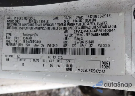 2015 Ford Fiesta Se из США, поврежденный, VIN 3FADP4BJ4FM140641